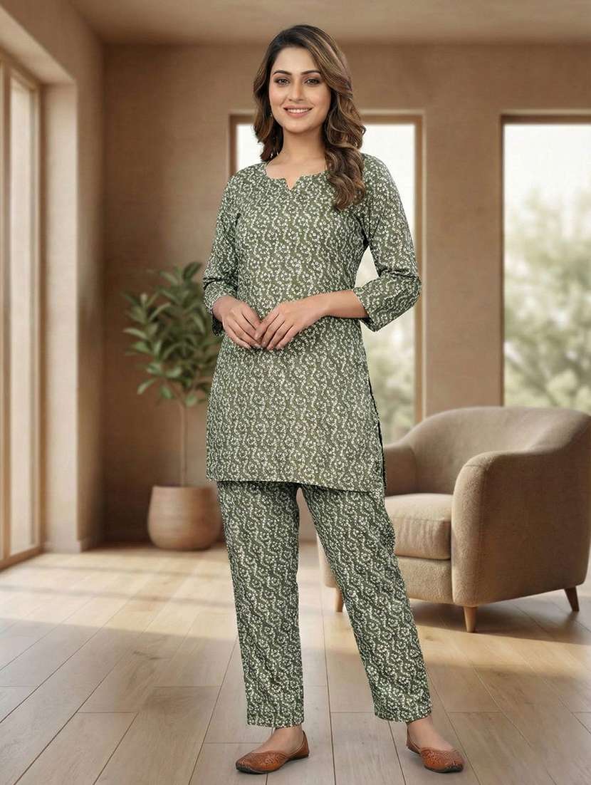 women printed three quarter sleeves ethnic co-ord set