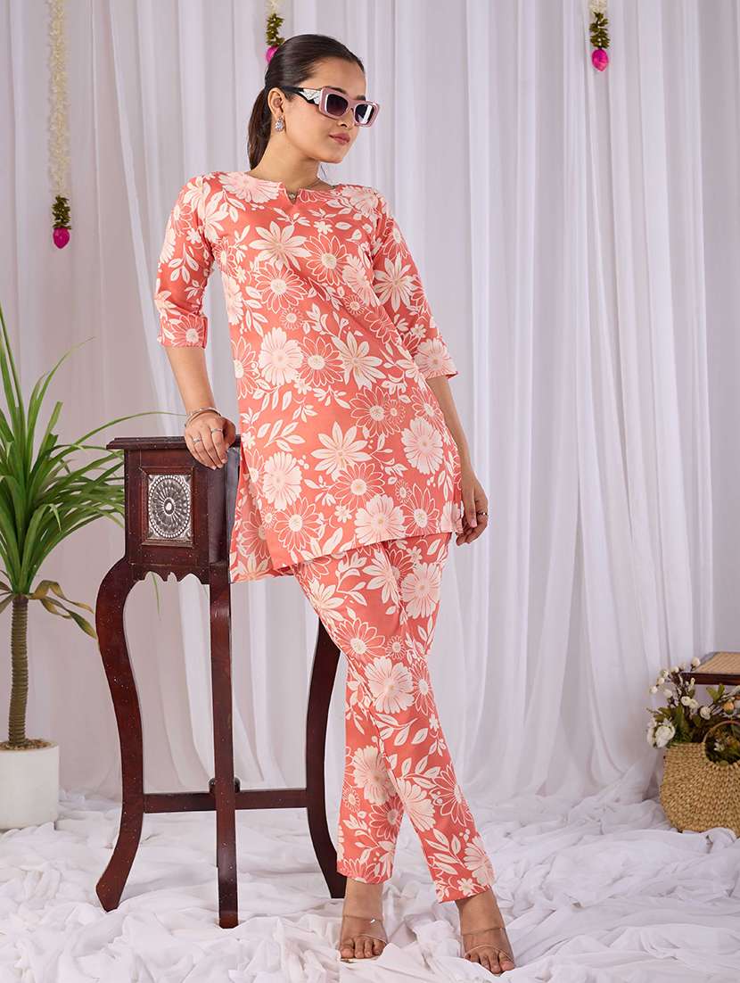 women printed three quarter sleeves ethnic co-ord set