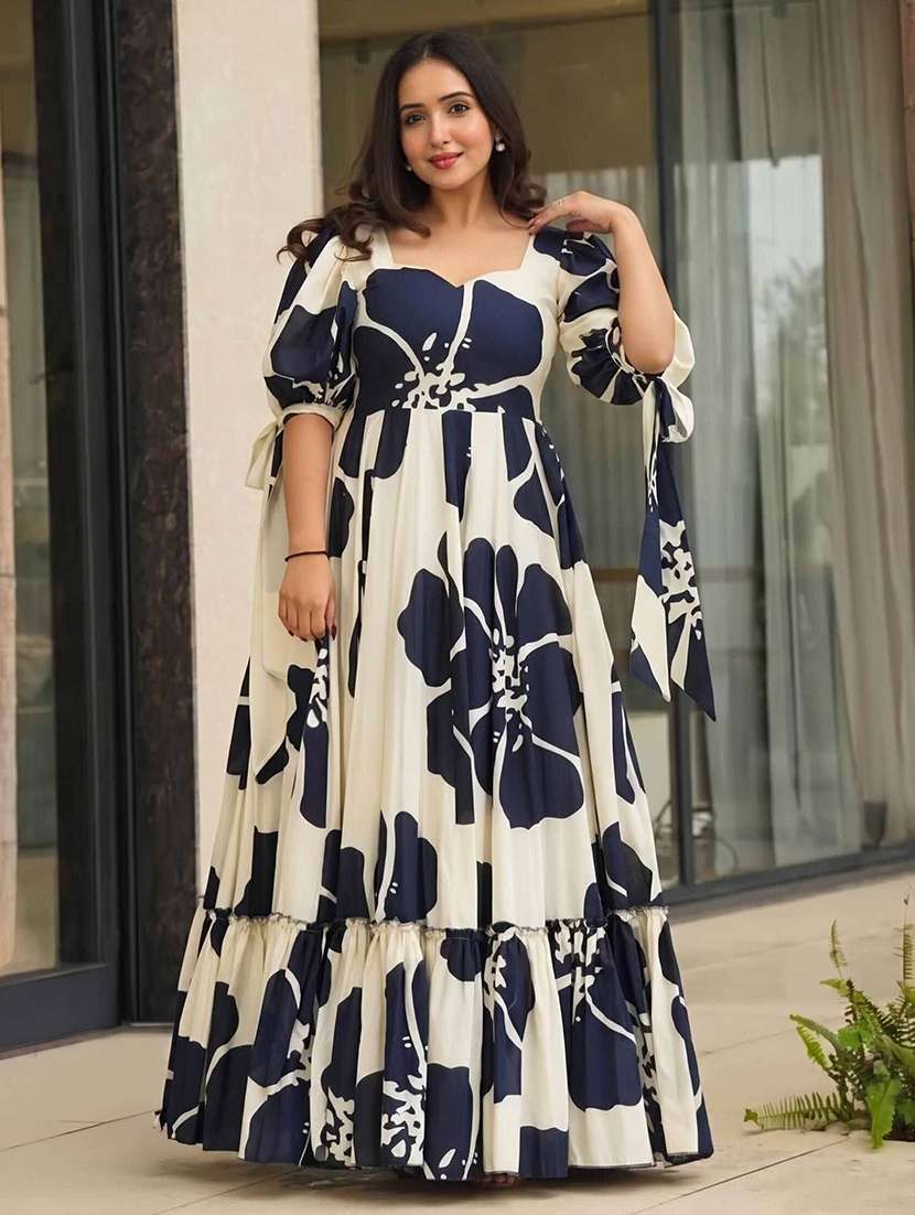 women printed puff sleeves tiered dress