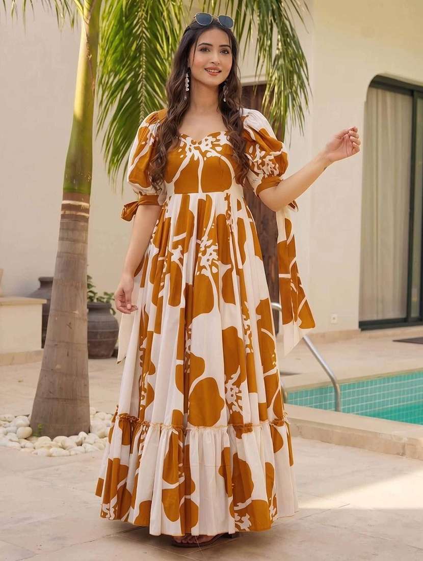 women printed puff sleeves tiered dress