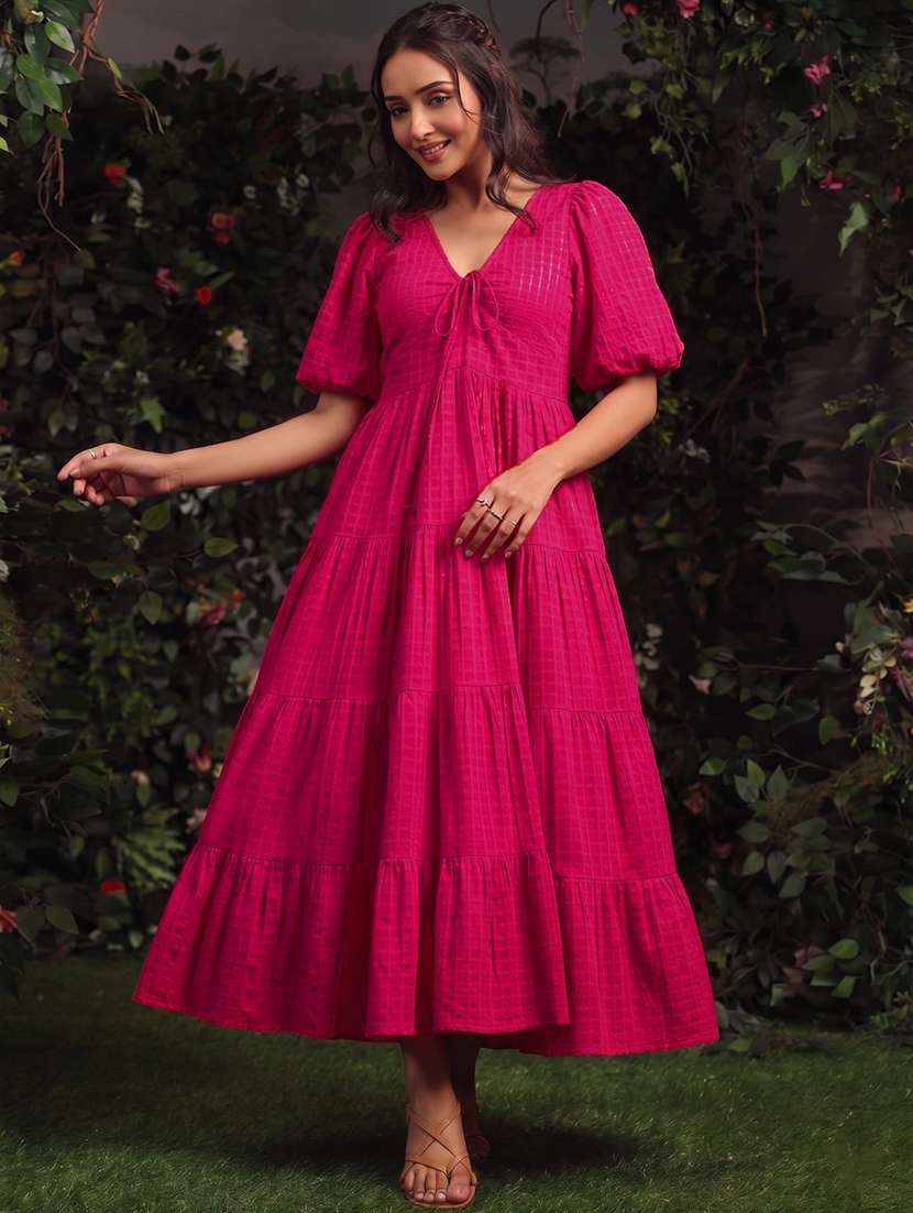 women self design puff sleeves tiered dress