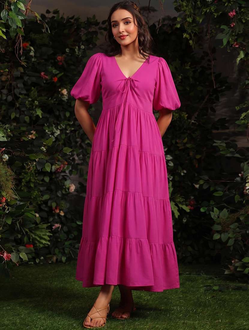 women solid puff sleeves tiered dress
