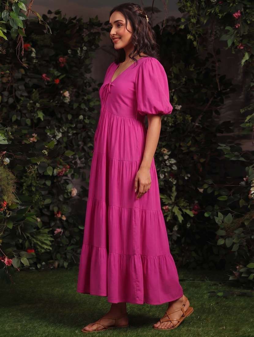 women solid puff sleeves tiered dress - 22640388 -  Standard Image - 3