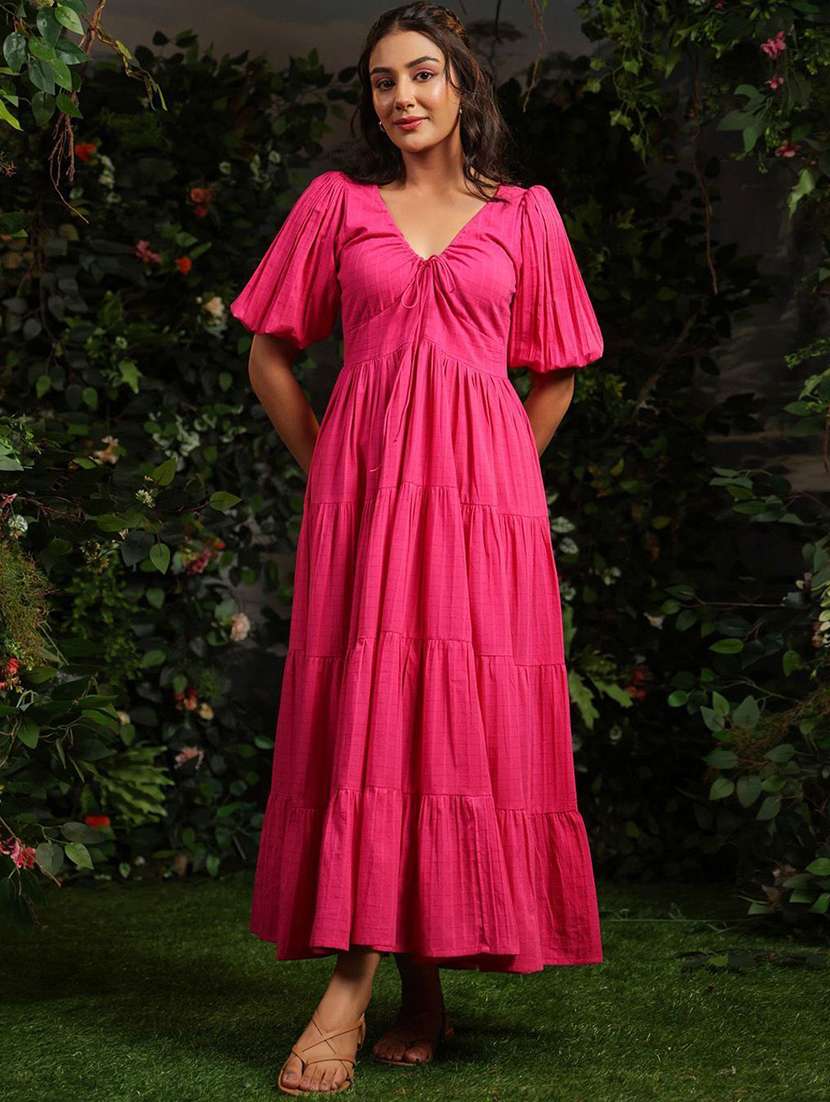 women self design puff sleeves tiered dress