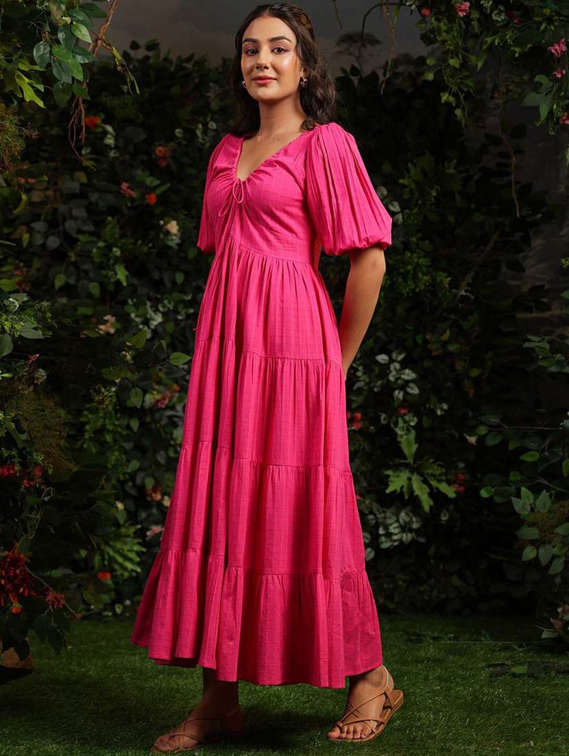 women self design puff sleeves tiered dress - 22640389 -  Standard Image - 3