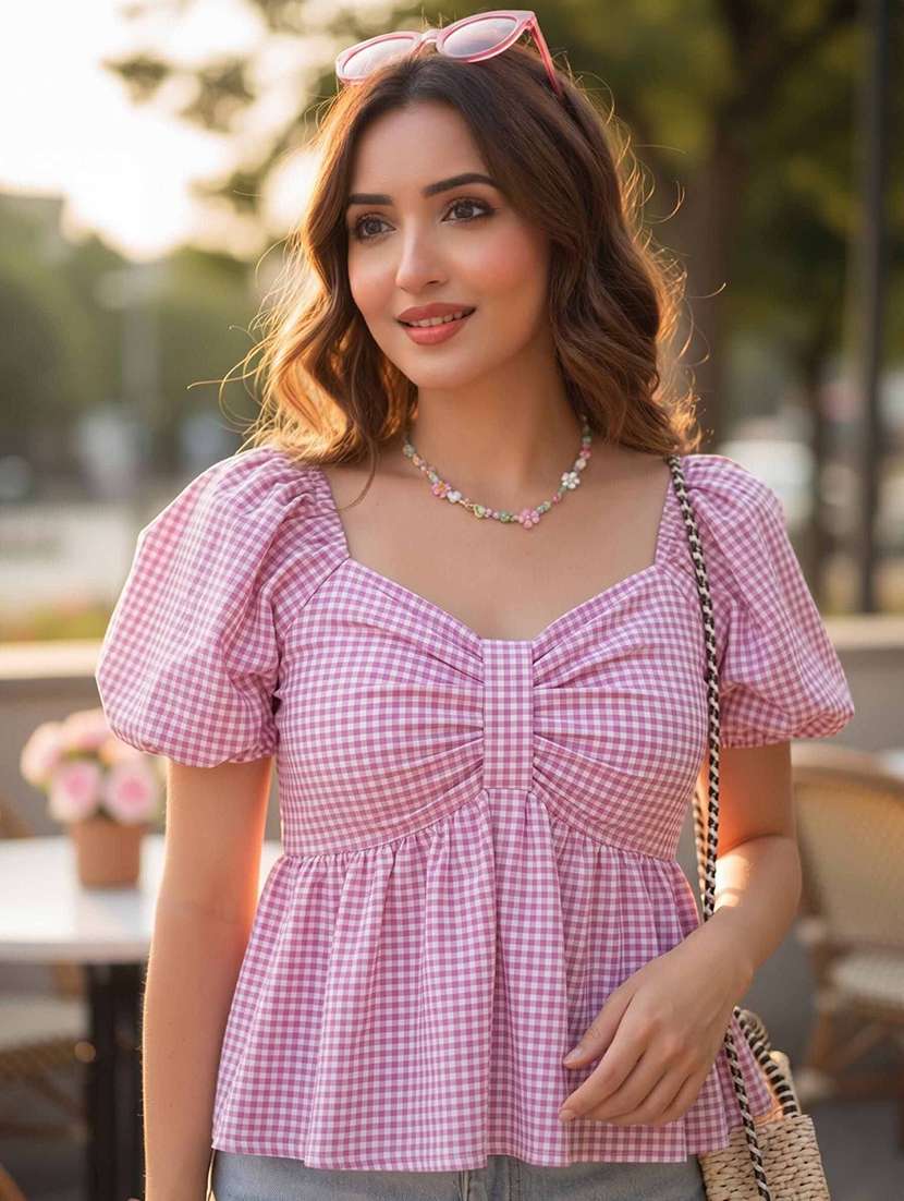 women checkered puff sleeves peplum top