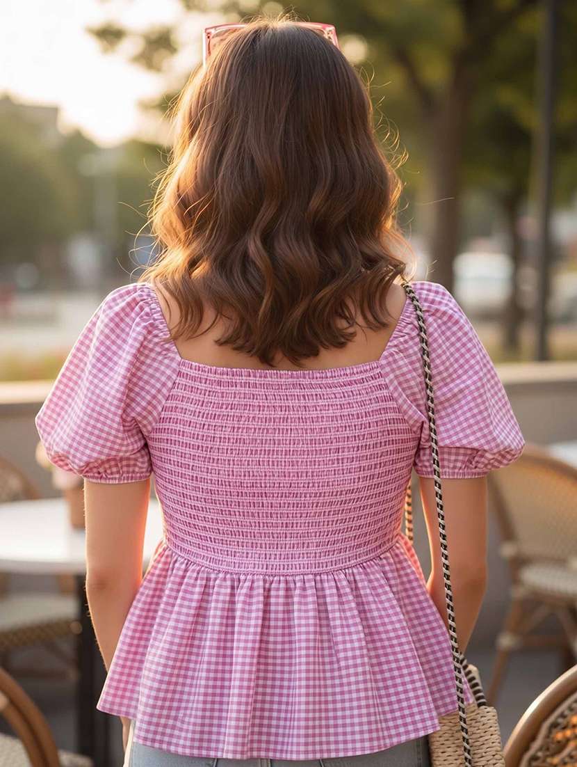 women checkered puff sleeves peplum top - 22640390 -  Standard Image - 3