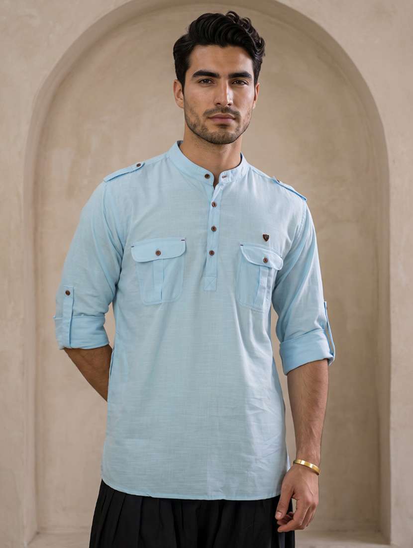 men solid mandarin neck pathani short kurta