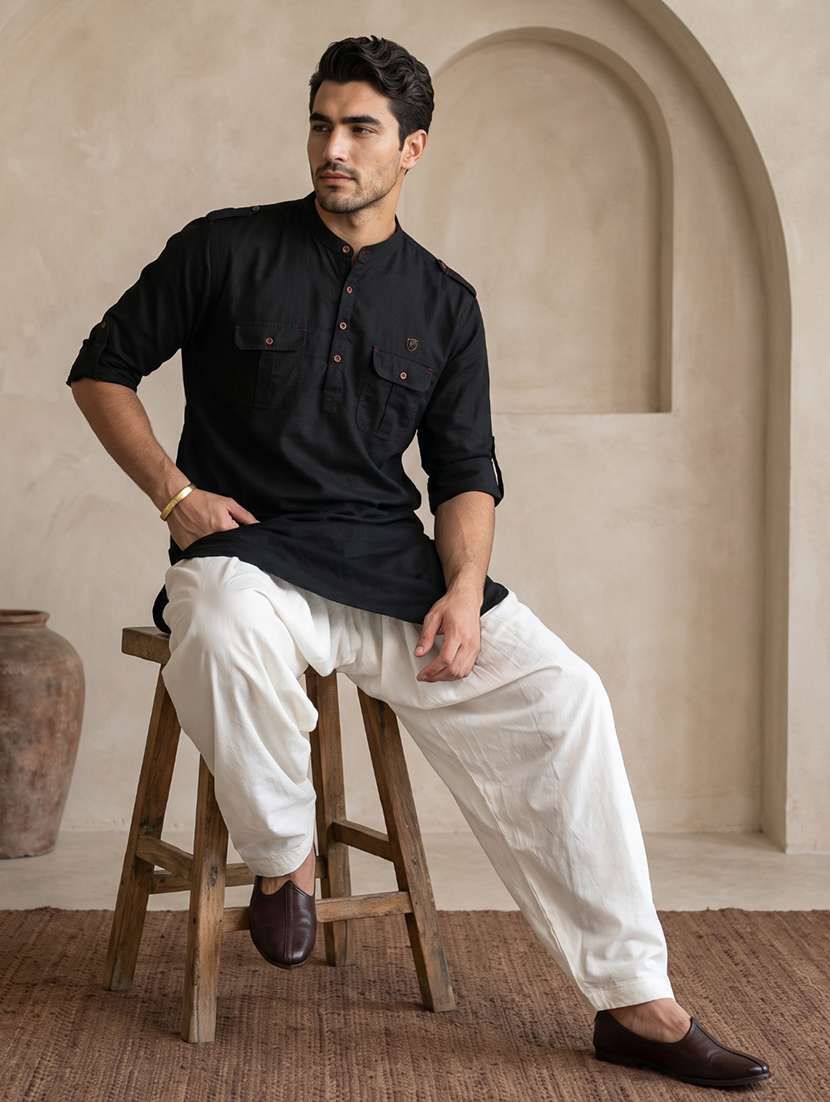 Men Solid Mandarin Neck Pathani Short Kurta - 22642593 -  Standard Image - 5
