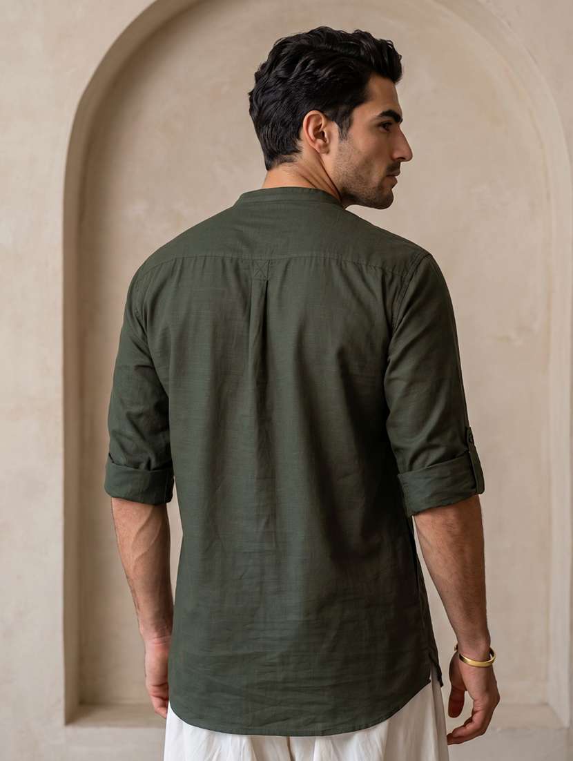 Men Solid Mandarin Neck Pathani Short Kurta - 22642595 -  Standard Image - 3