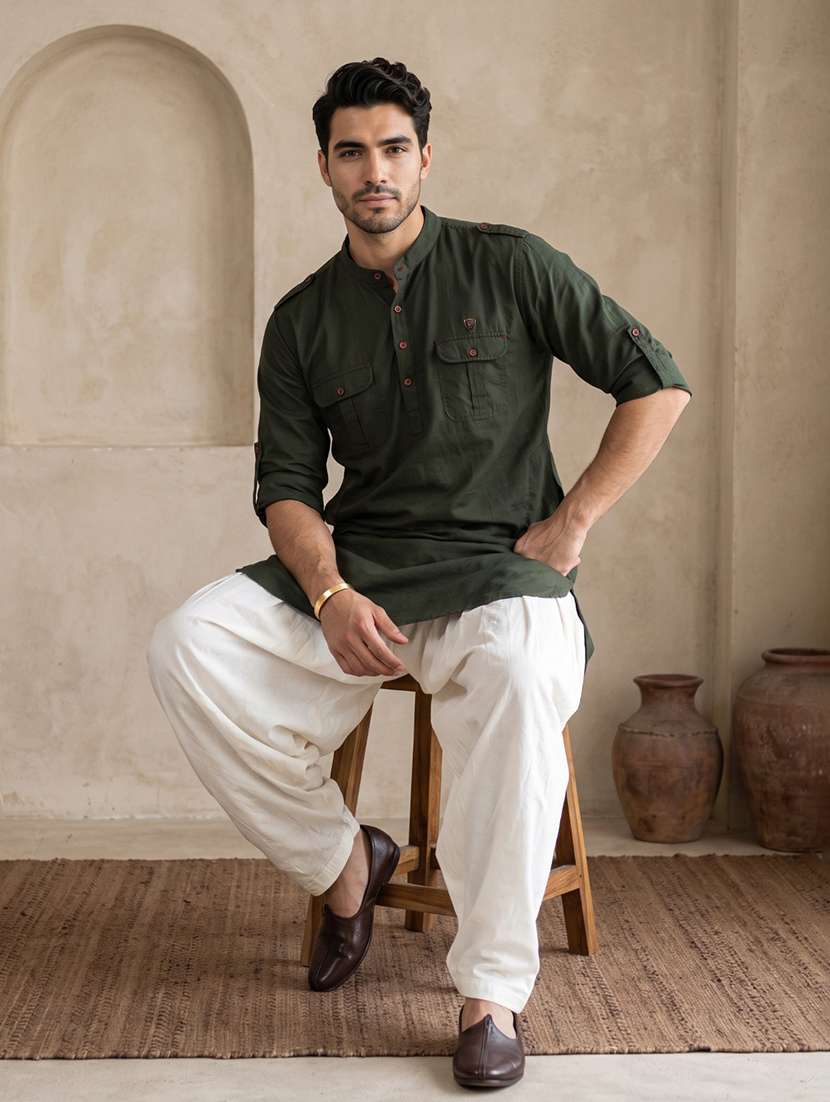 Men Solid Mandarin Neck Pathani Short Kurta - 22642595 -  Standard Image - 5