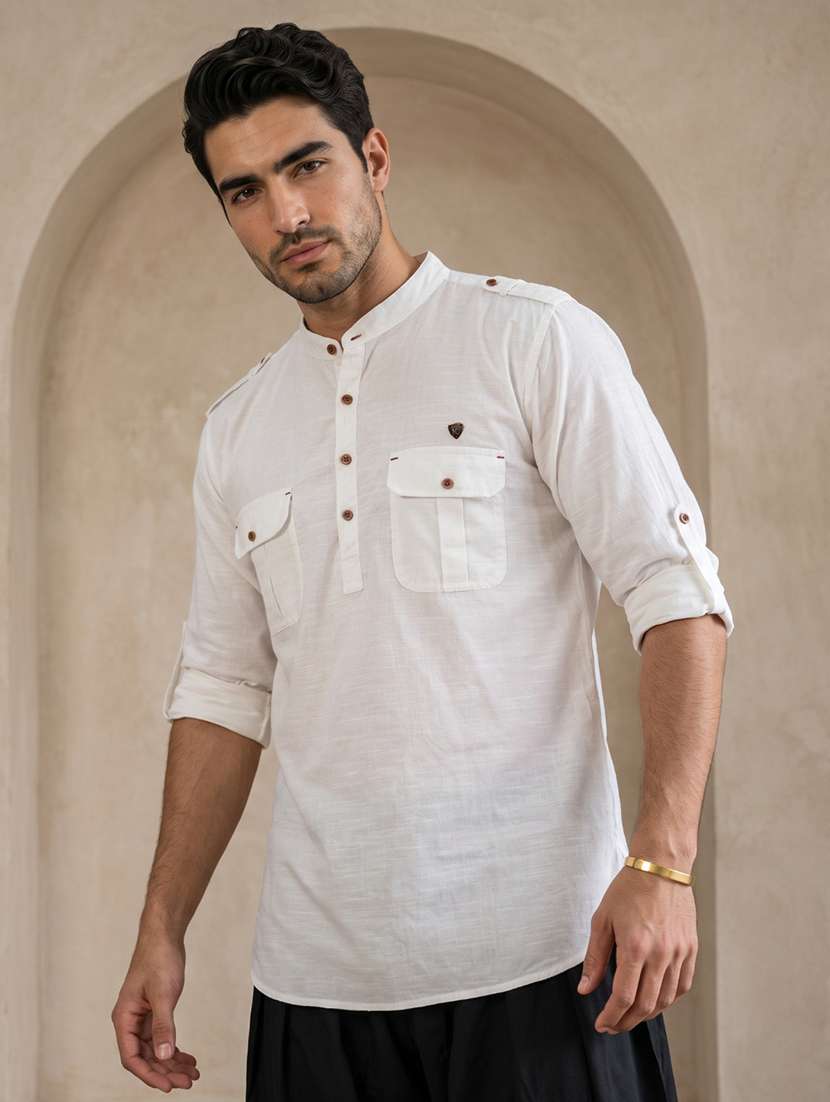 men solid mandarin neck pathani short kurta