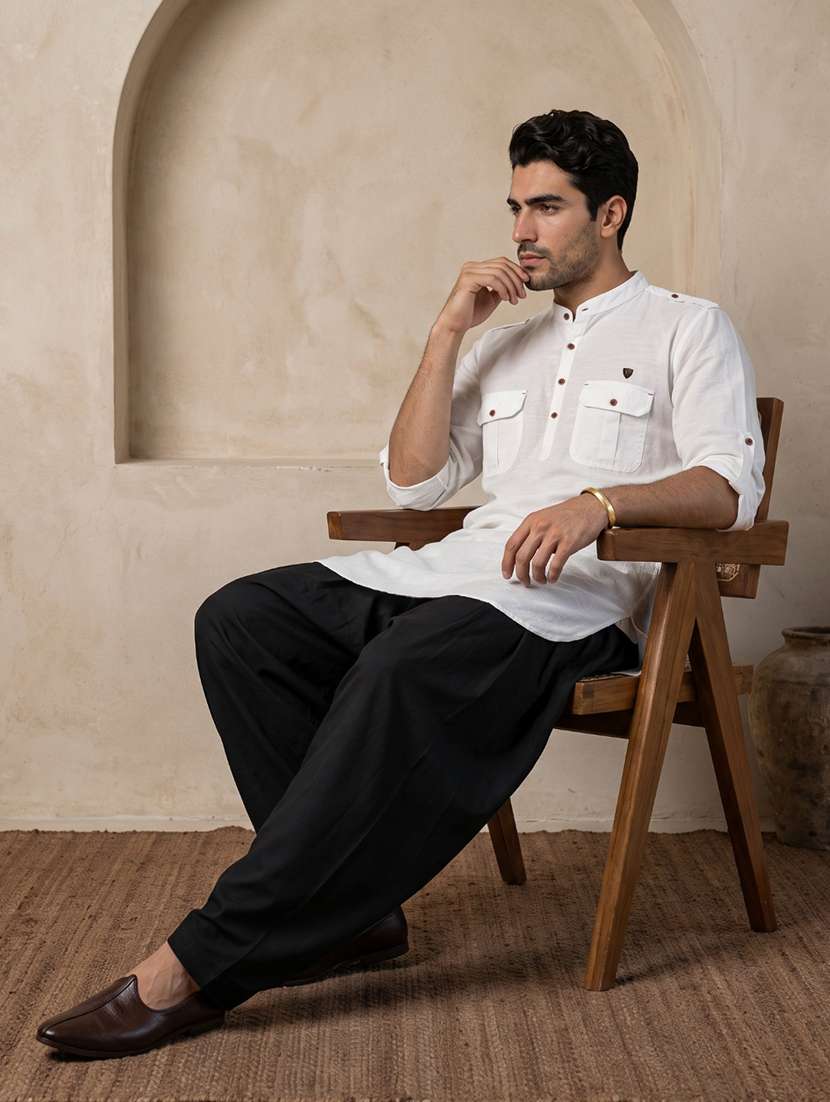 Men Solid Mandarin Neck Pathani Short Kurta - 22642597 -  Standard Image - 5
