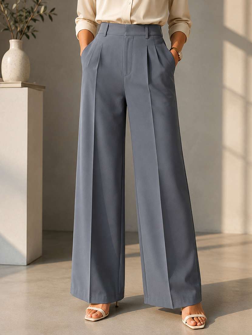 women solid high rise wide leg trouser