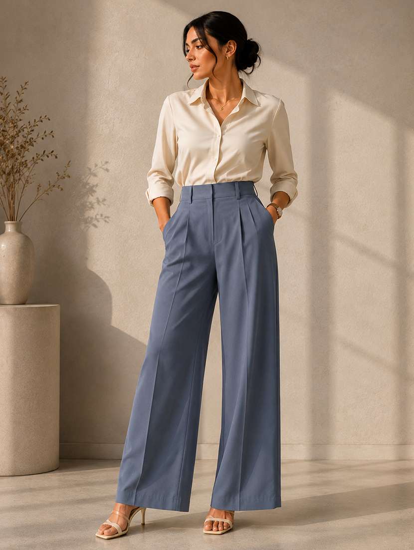 Women Solid High Rise Wide Leg Trouser - 22642626 -  Standard Image - 3