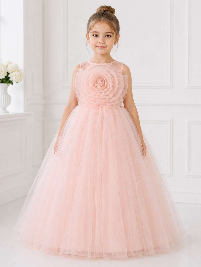 girls solid applique detailed sleeveless gown