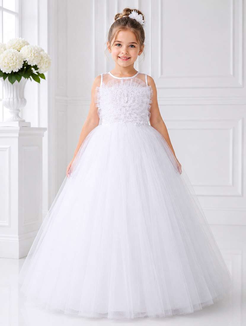 girls solid applique detailed sleeveless gown
