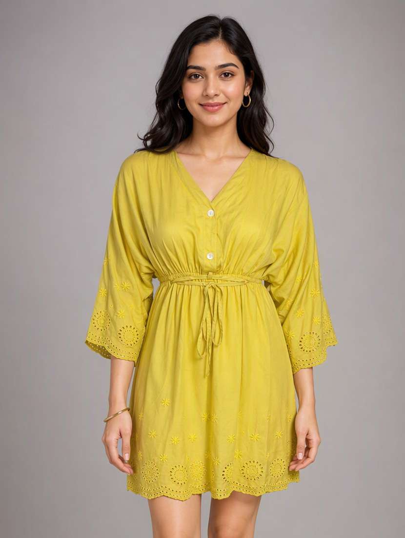 women self design three quarter sleeves a-line dress