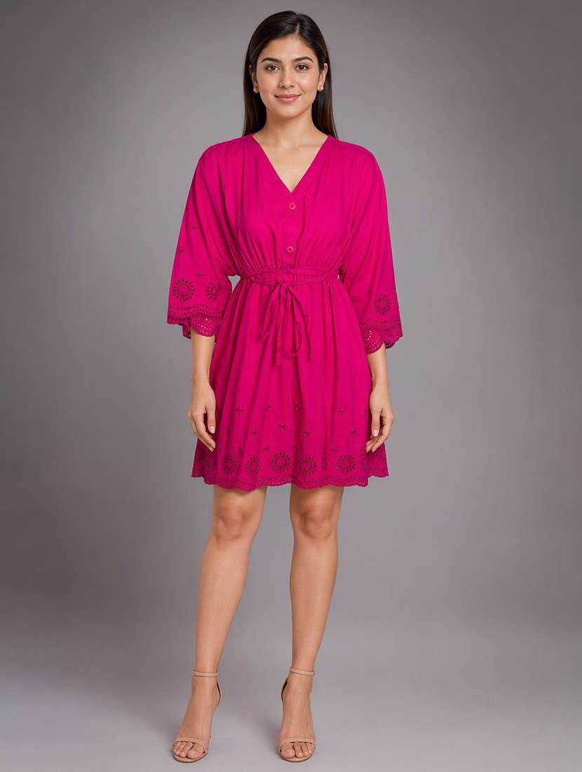 Women Self Design Three Quarter Sleeves A-line Dress - 22642665 -  Standard Image - 3