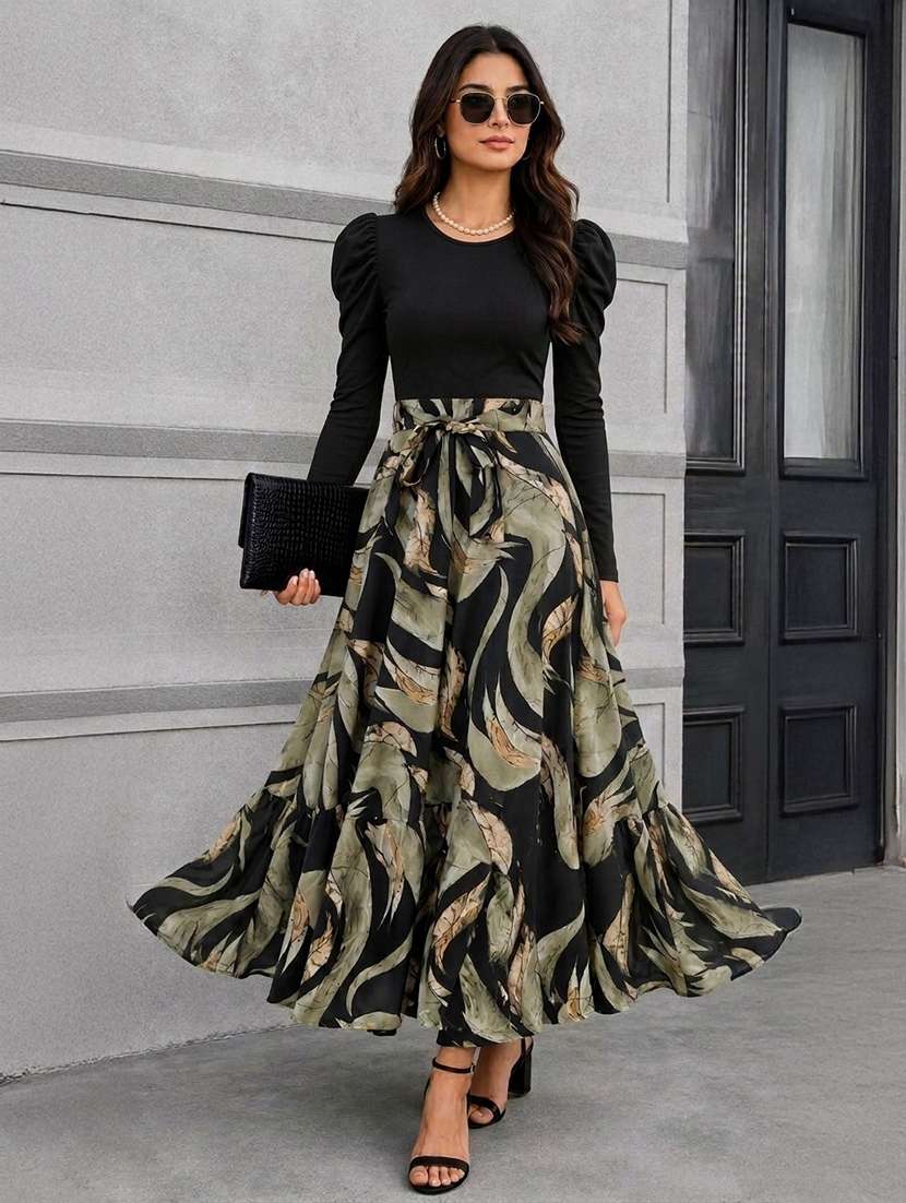 women printed leg-o-mutton sleeve tiered dress