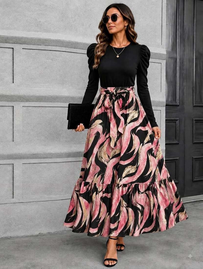 women printed leg-o-mutton sleeve tiered dress