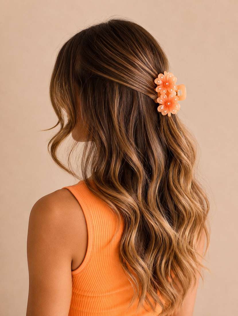 orange floral rhinestone plastic hair claw clip