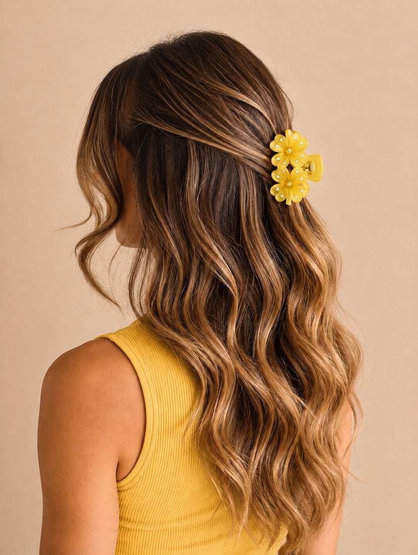 yellow floral rhinestone hair claw clip - plastic
