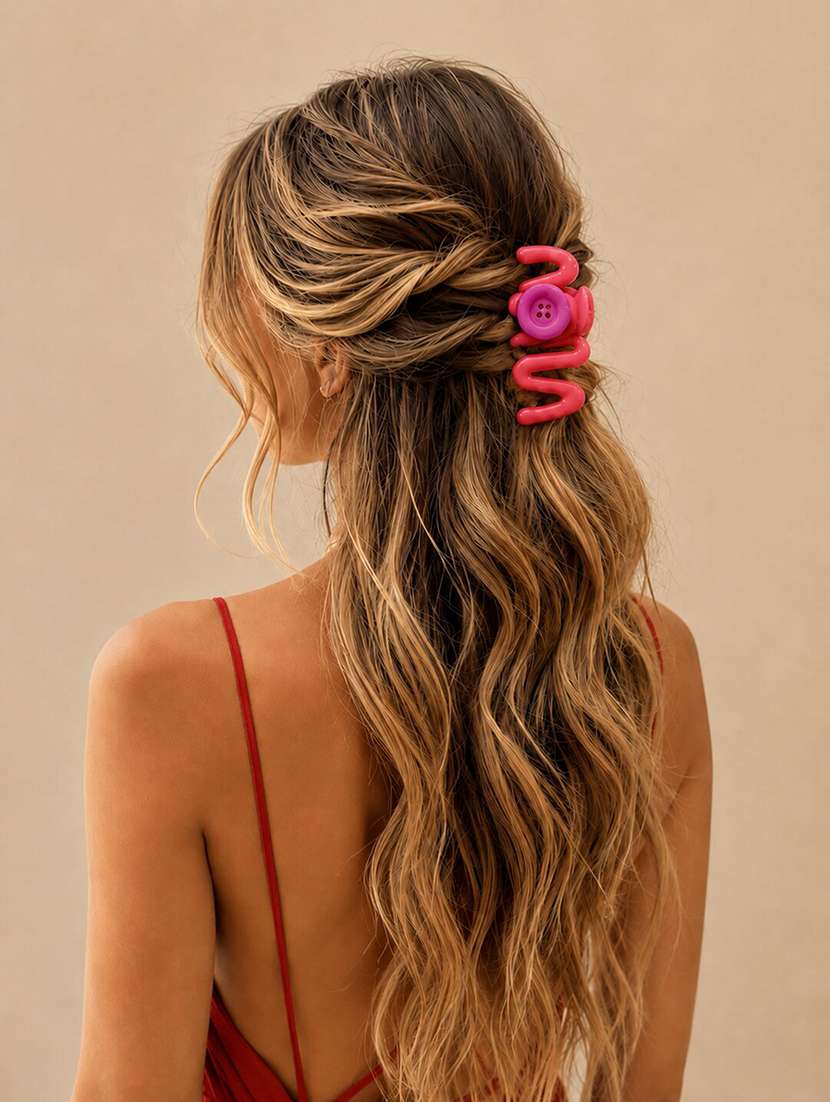 trendy red s-shaped hair claw clip with button detail for women