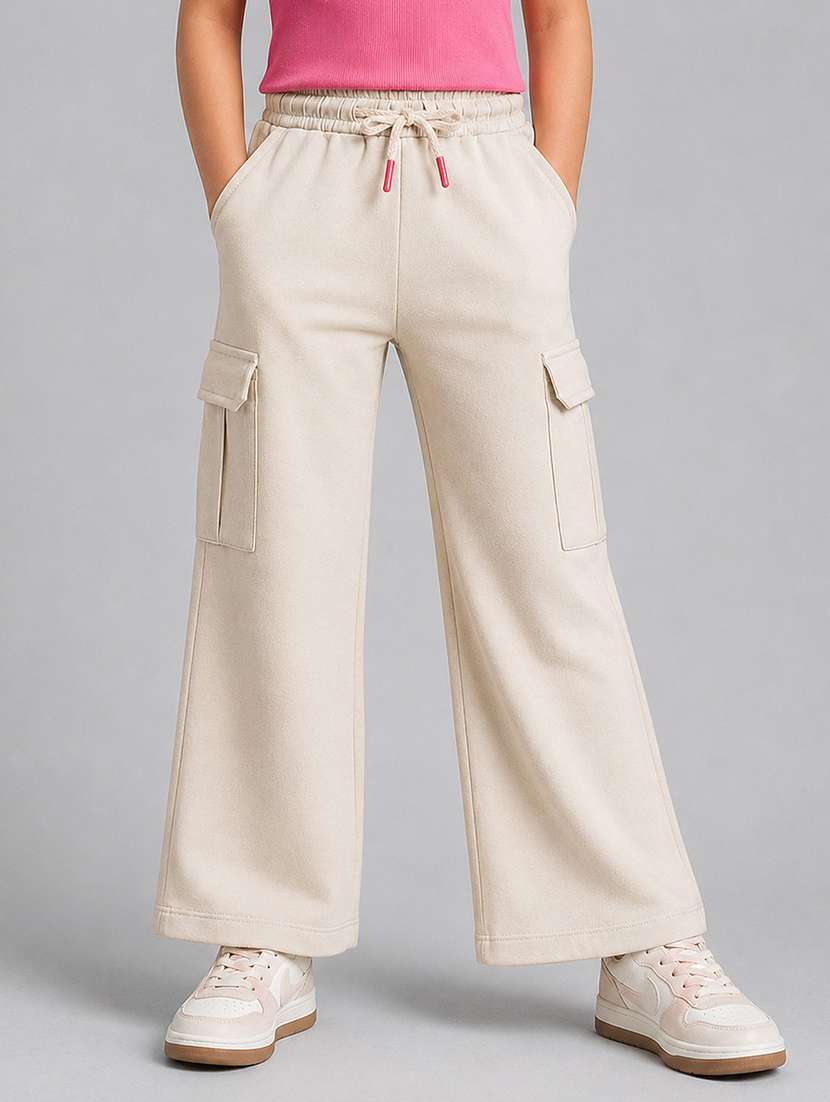 girls solid mid rise wide leg cargo
