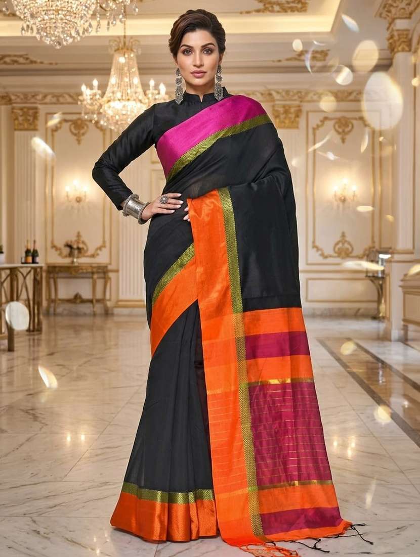 women solid with bordered handloom saree with blouse
