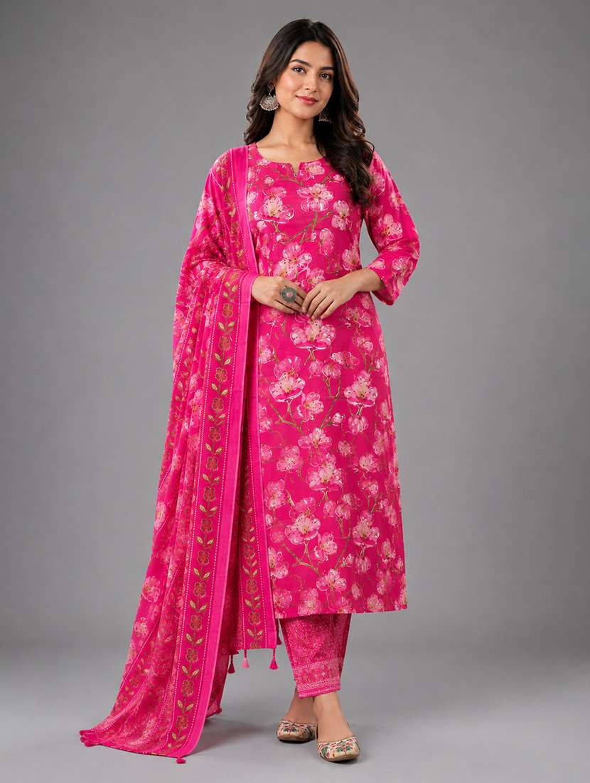 women floral three quarter sleeve kurta pant with dupatta set