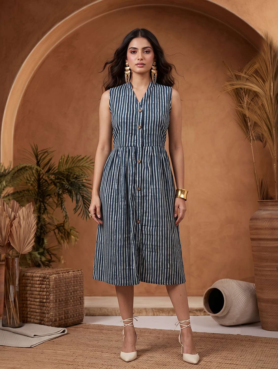 women striped sleeveless a-line dress