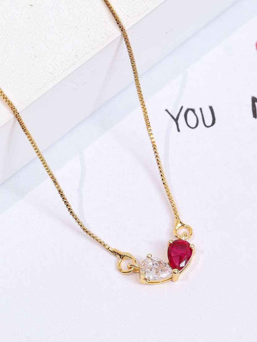 stylish double heart crystal pendant necklace with red gemstone accent