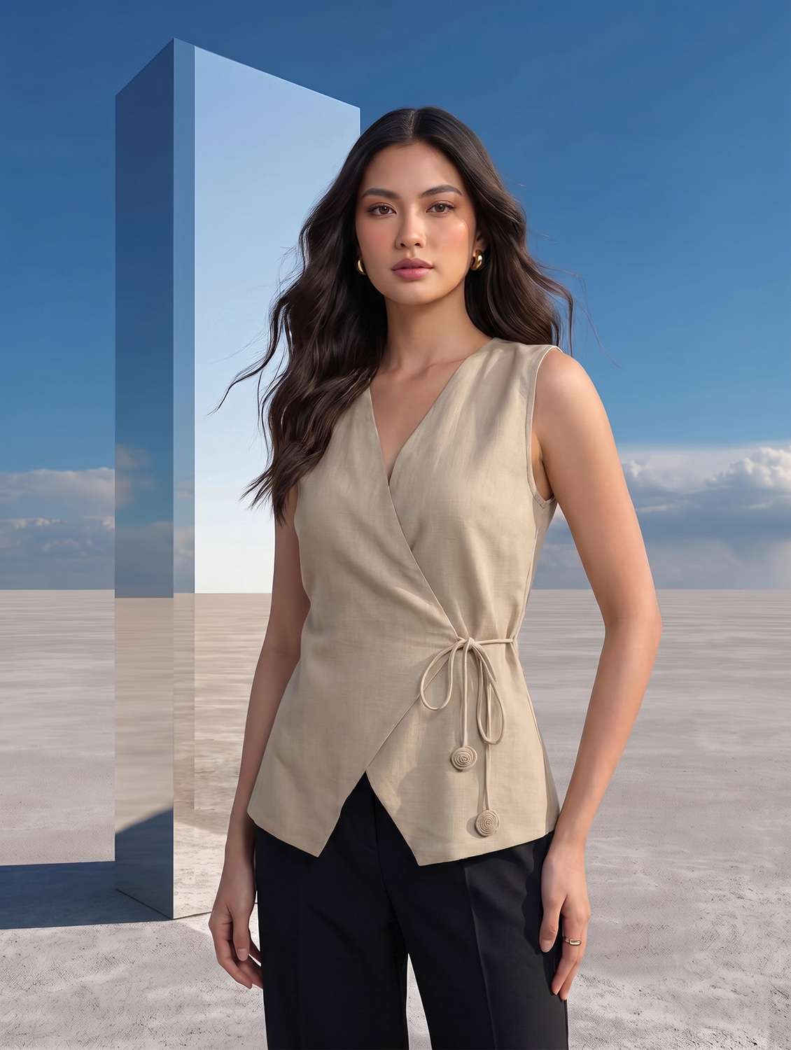 women solid sleeveless wrap top