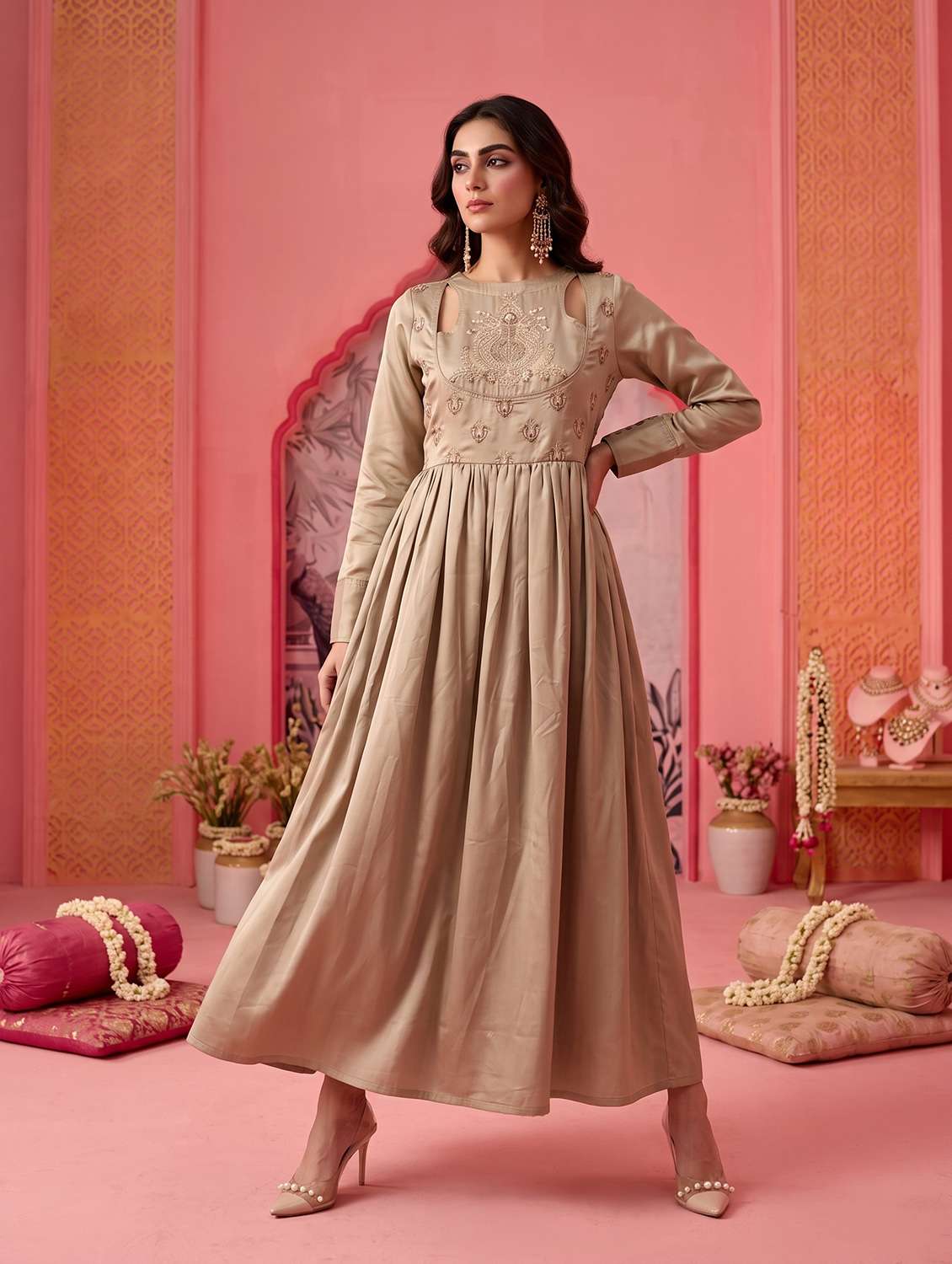 women embroidered long sleeves anarkali dress