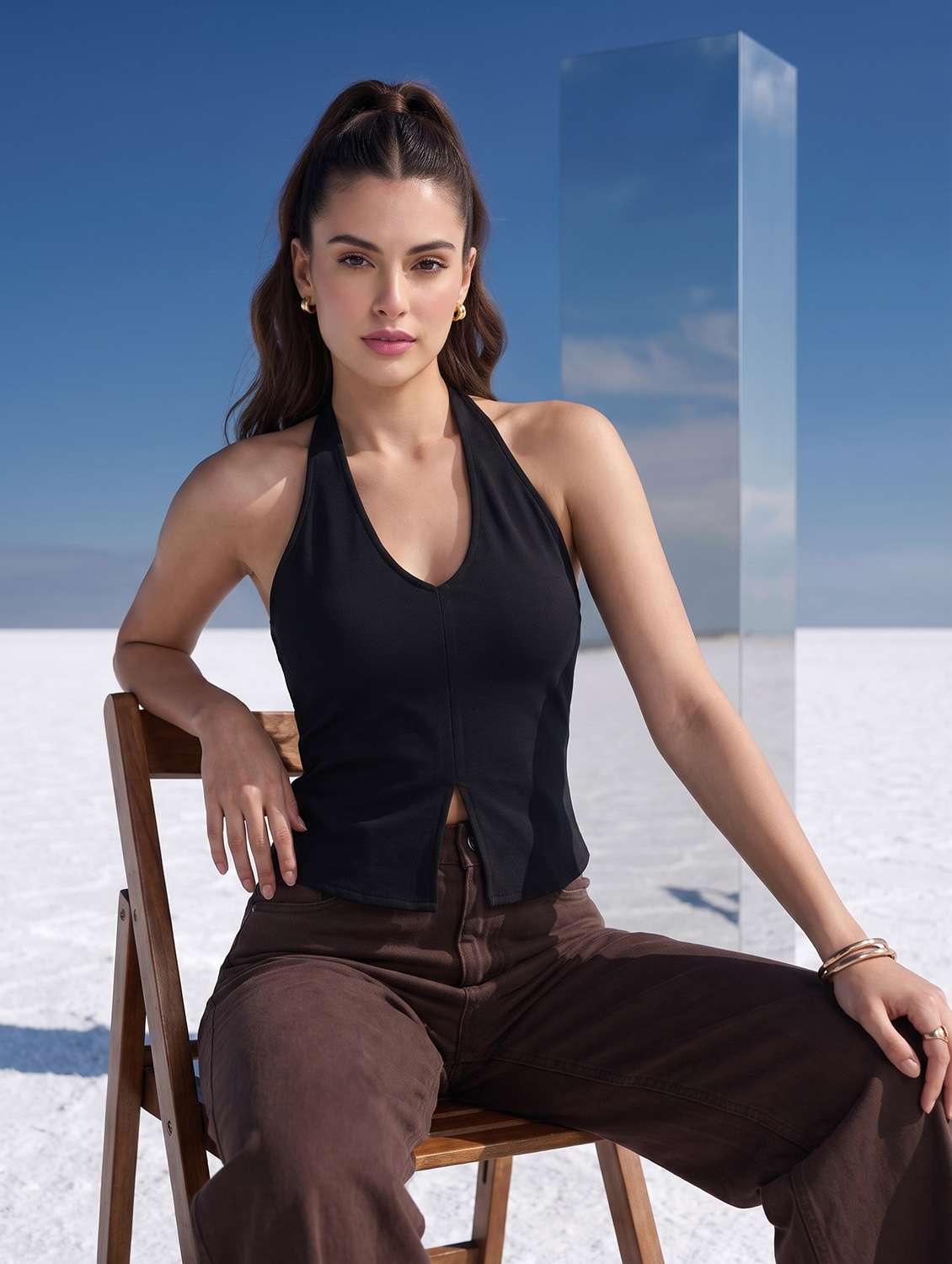 women solid halter neck regular top