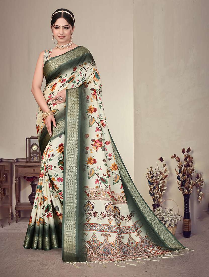 women printed bordered saree with blouse