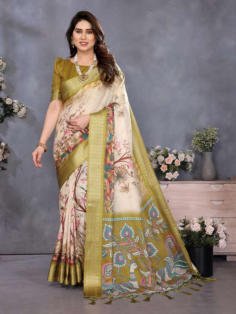 women printed bordered saree with blouse