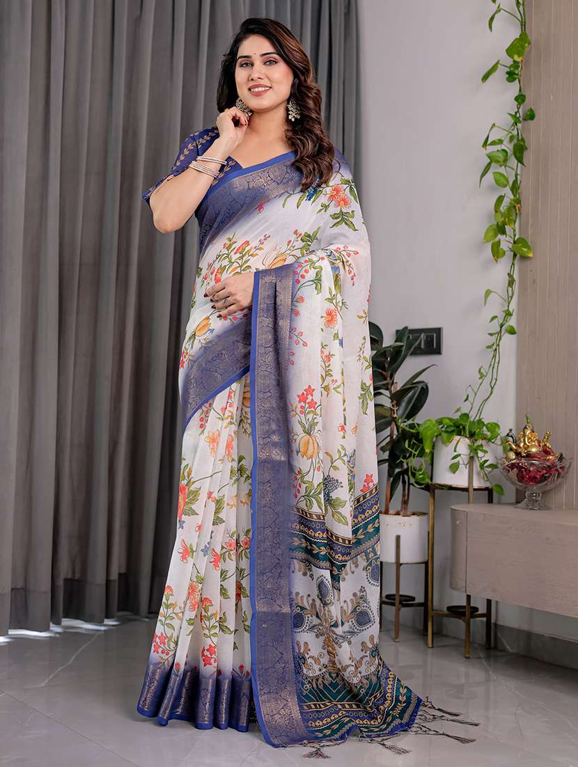 women printed bordered saree with blouse