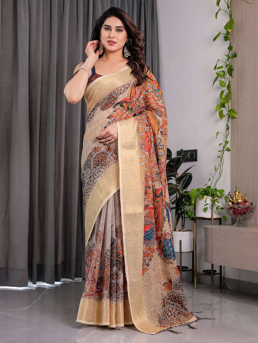 women printed bordered saree with blouse