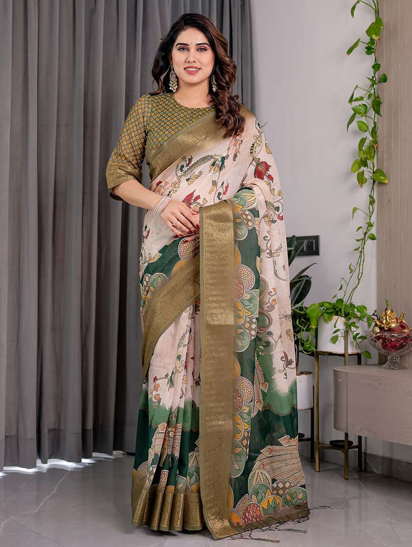 women printed bordered saree with blouse