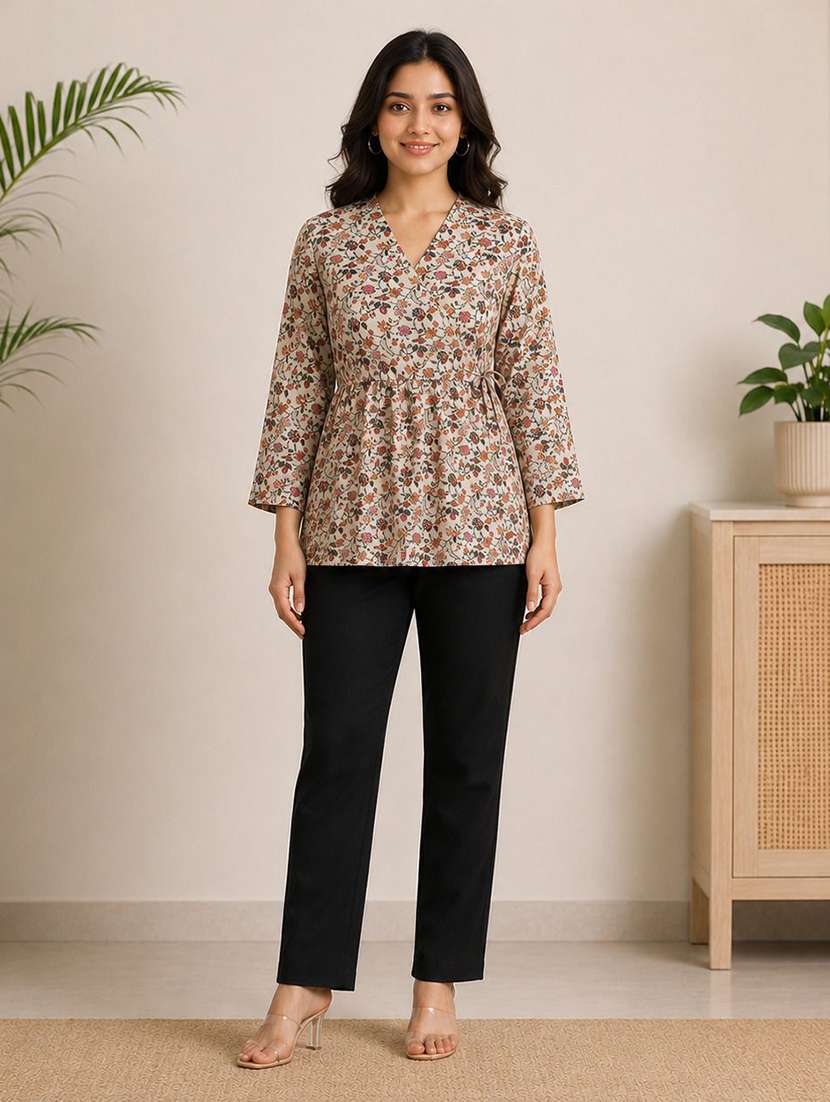 women floral printed v neck angrakha kurti