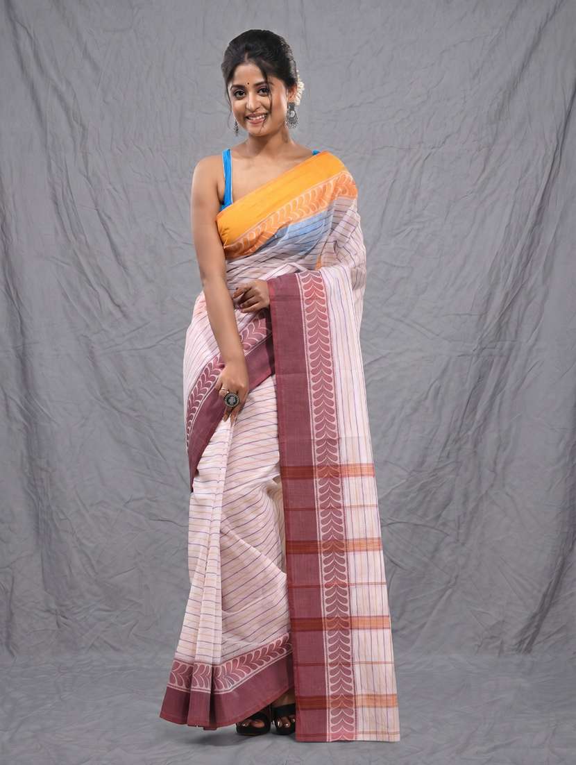 women striped tant saree