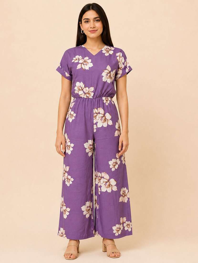 women printed short sleeves full leg jumpsuit