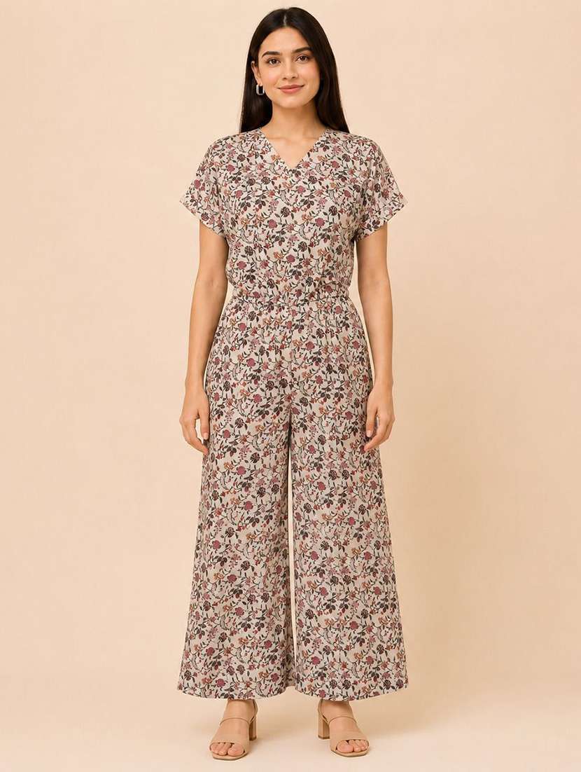 women printed short sleeves full leg jumpsuit