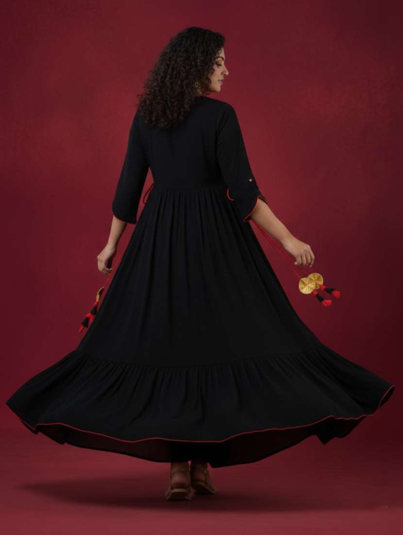 women solid with work round neck tiered ethnic dress - 22658948 -  Standard Image - 3