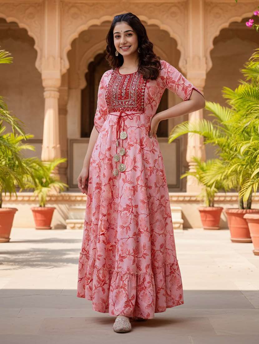 women printed round neck tiered ethnic dress