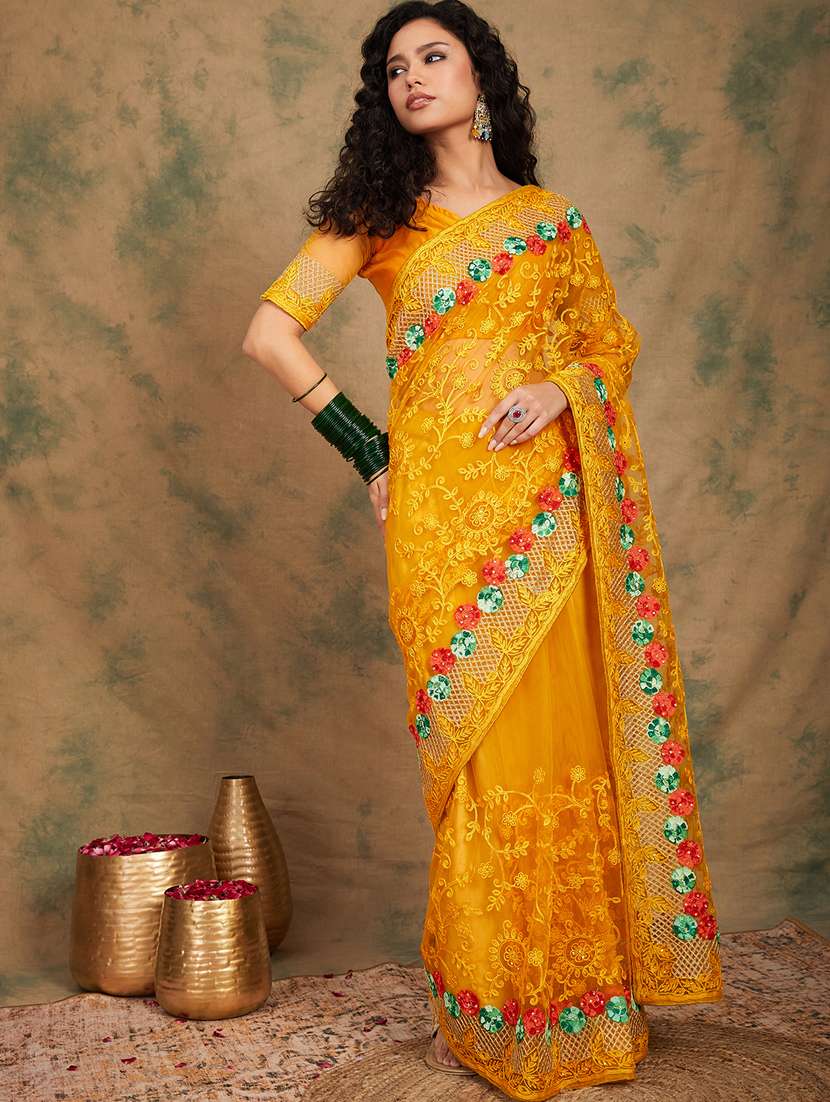 women solid with work embroidered saree with blouse