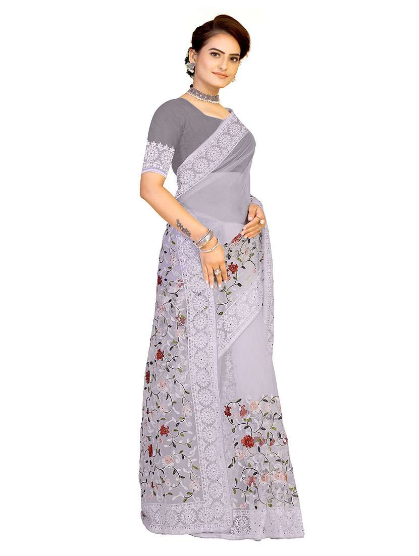 Women Solid With Work Embroidered Saree With Blouse - 22660430 -  Standard Image - 3