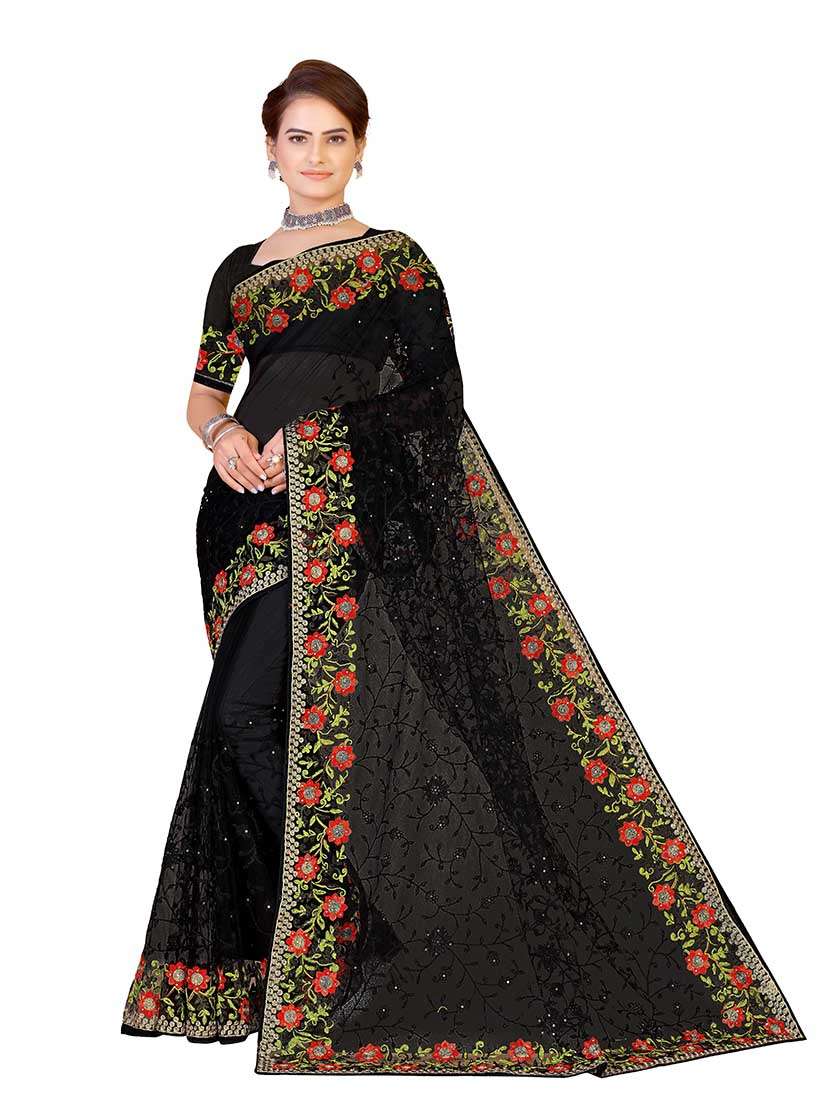 women solid with work embroidered saree with blouse